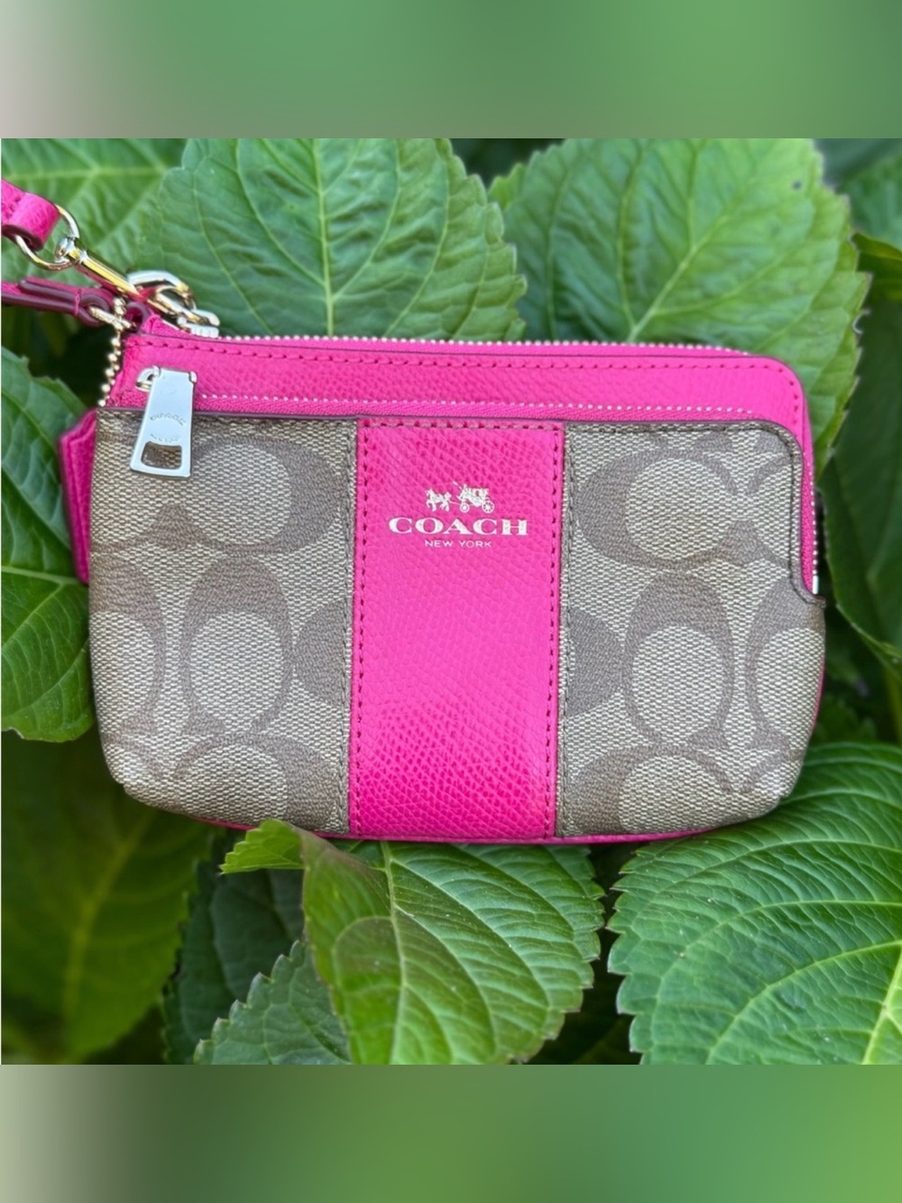Coach Sig C hot pink double zipper wristlet